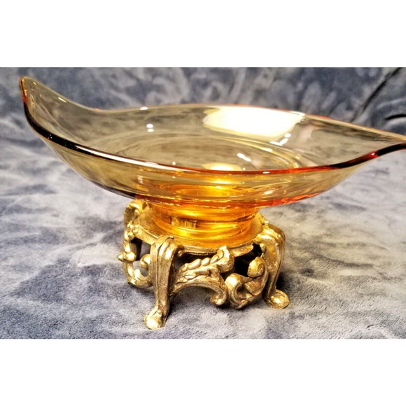 Vintage Mid Century Diamond Shape Amber Glass Bowl Ornate Brass Pedestal Base - Picture 15 of 16